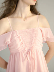 Ariah Romantic Square Neck Ruffle Sleeves Pink Dress