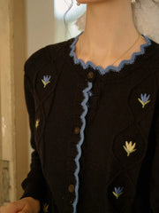 Quincy Standing Collar Colour-Crossing Lace Embroidery Cardigan