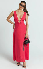 Red Plunge Neckline Tie Front A Line Midi Dress