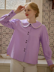 Avayah Contrasting Doll Collar Balloon Sleeve Slit Linen Shirt-Purple