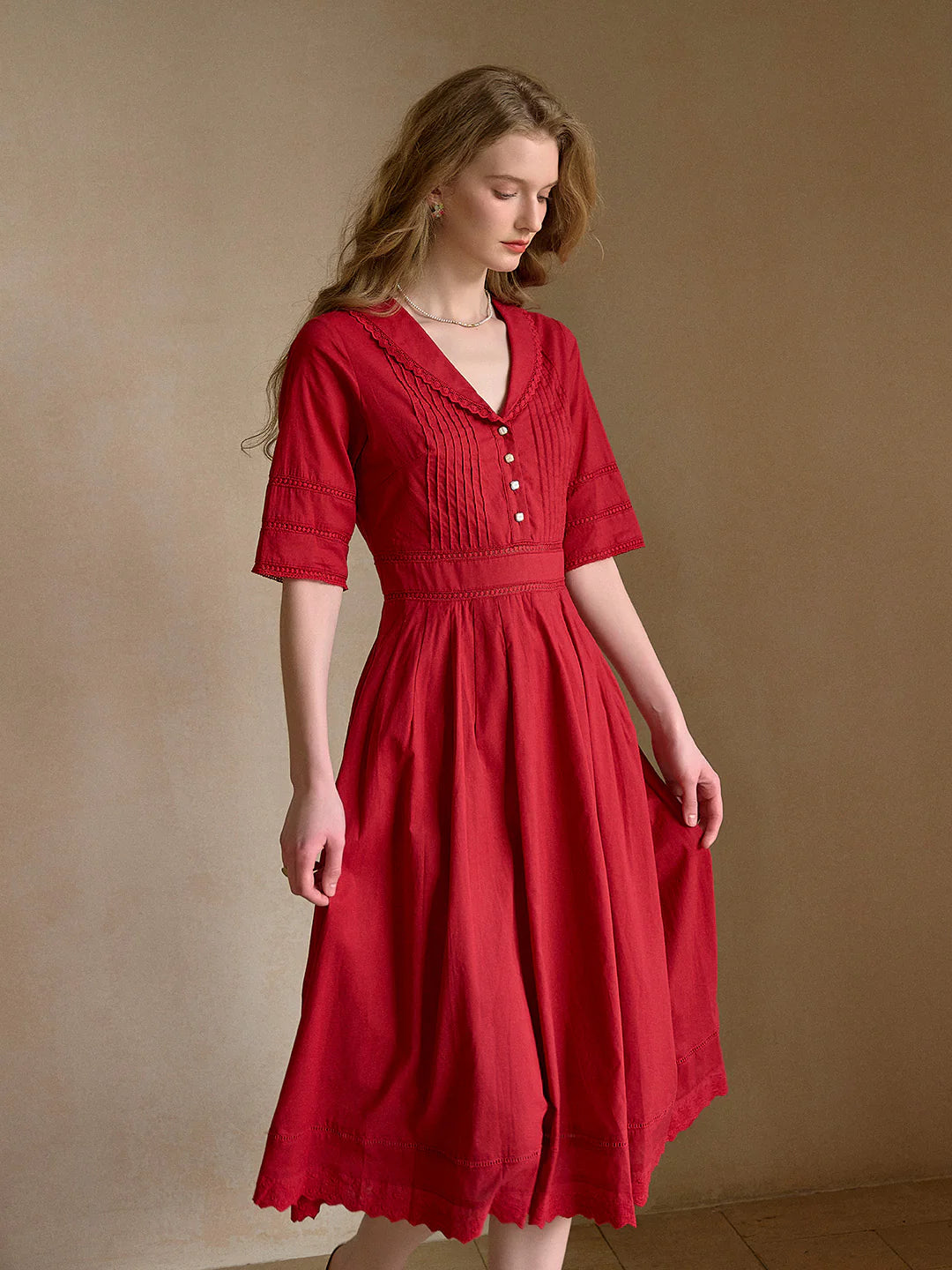 Fiona 100% Cotton Red Midi Dress