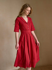 Fiona 100% Cotton Red Midi Dress