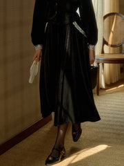 Azari Contrast Lace Paneled Pocket Velvet Skirt