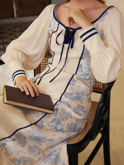 Violet Square Neck Paneled Lantern Sleeve Printed Dress