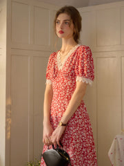 Amelia V-Neck Lace Floral Dress - Red