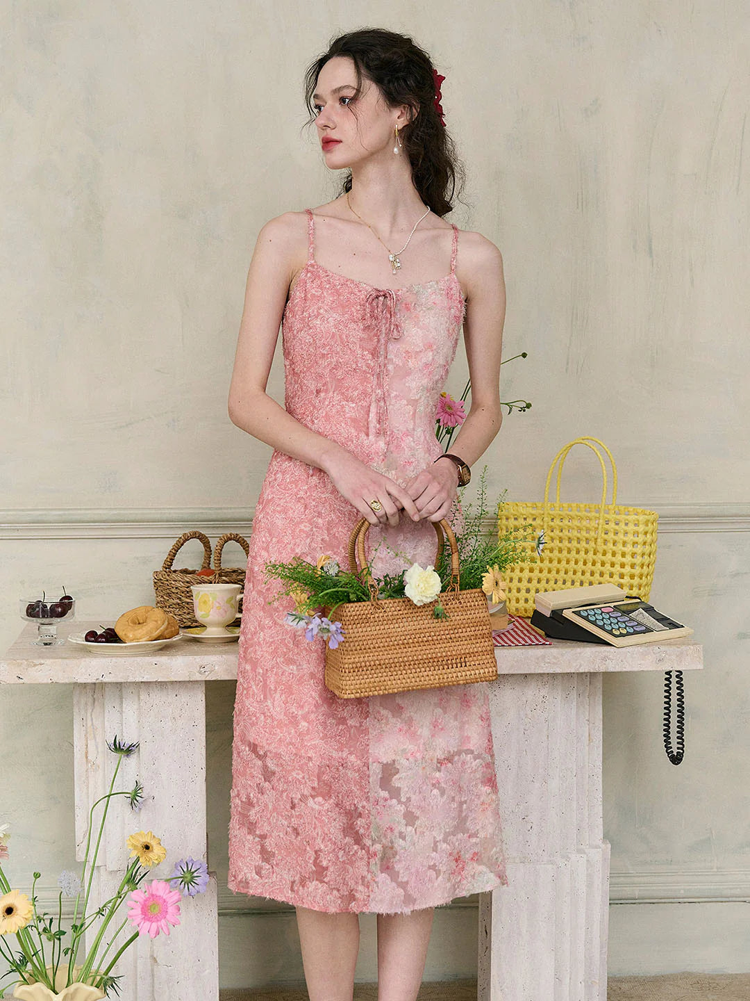 Blaire Floral Contrast Patchwork Bow Square Neck Slip Dress