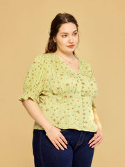 Blessing V-Neck Floral Puff Sleeves Top