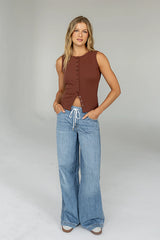 Lucas Button Up Tank Top in Red-Brown