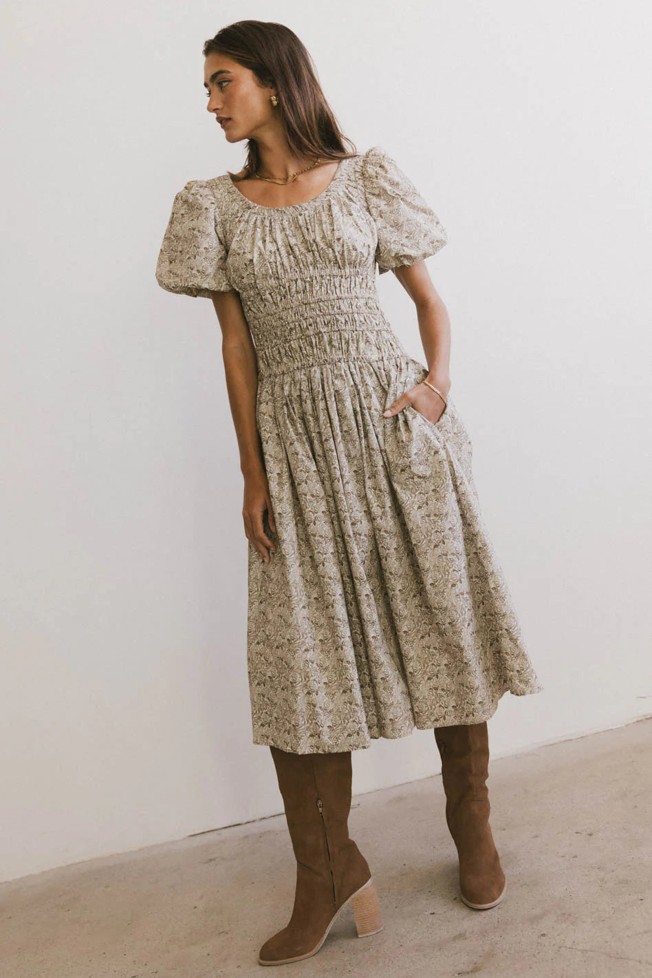 Lucille Smocked Floral Dress in Olive