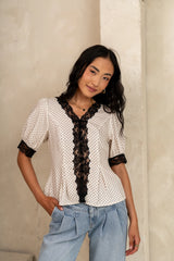 Angie Lace Trim Blouse in Cream