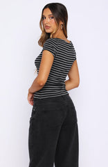 You Were Right Striped Button Up Top Dark Grey/Black Stripe
