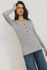 Ribbed Button Front Top in Grey