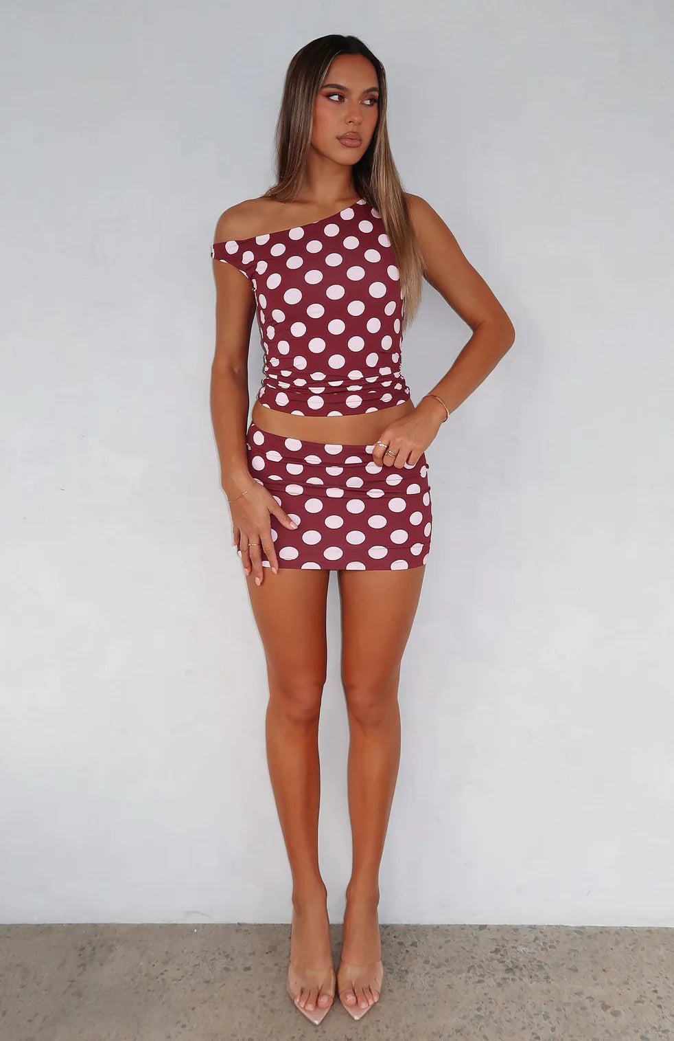 Late Nights Mini Skirt Burgundy Polka Dot