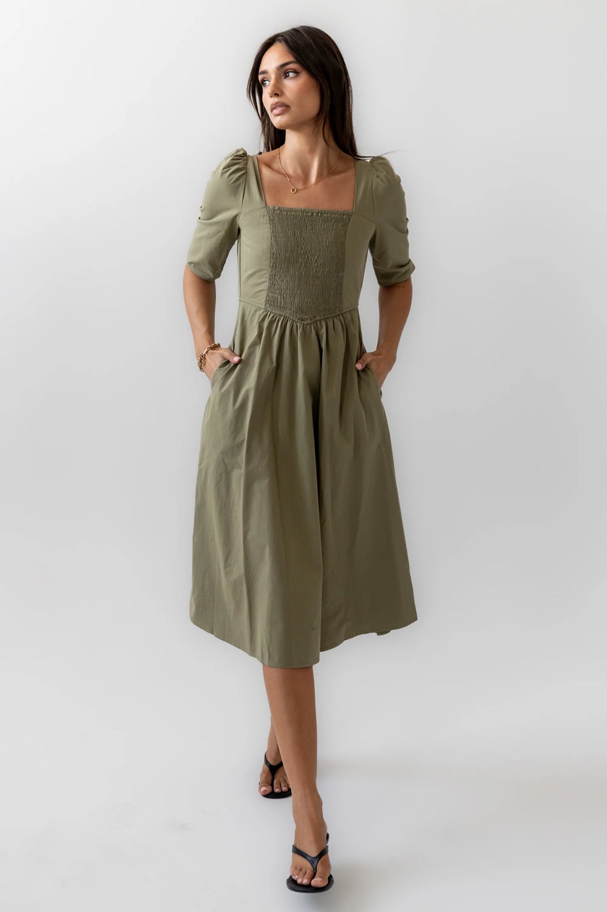 Paisley Smocked Midi Dress in Sage