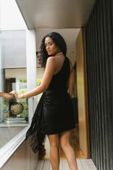 Audria Fringe Mini Dress in Black